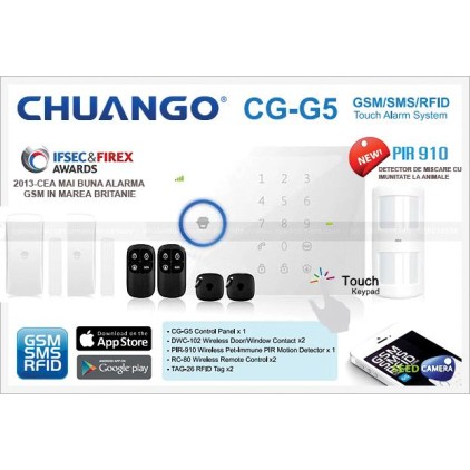 CG-G5/ Sistem de alarmă CHUANGO GSM/SMS/RFID cu 50 zone wireless și 2 zone pe fir