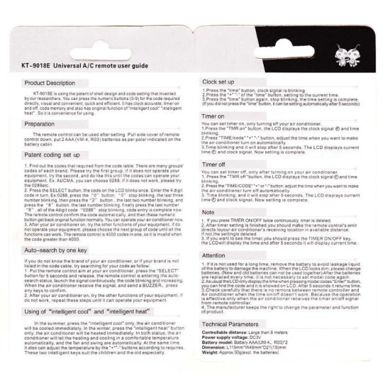 Nr.595/ KT-9018E Telecomandă universală de aer condiționat pentru 4000 modele Nr.595/ KT-9018E Telecomandă universală de aer condiționat pentru 4000 modele