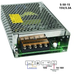 Sursa de alimentare tip open frame 15V/3,4A cu tensiune reglabila intre 14 si 16V S-50-15 Sursa de alimentare tip open frame 15V/3,4A cu tensiune reglabila intre 14 si 16V S-50-15