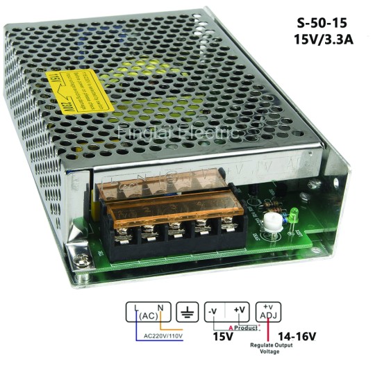 Sursa de alimentare tip open frame 15V/3,4A cu tensiune reglabila intre 14 si 16V S-50-15 Sursa de alimentare tip open frame 15V/3,4A cu tensiune reglabila intre 14 si 16V S-50-15