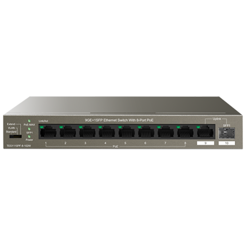 Switch 8 porturi Gigabit PoE, 1 port Uplink Gigabit, 1 port SFP Uplink Gigabit - Tenda TND-TEG1110PF-8-102W Switch 8 porturi Gigabit PoE, 1 port Uplink Gigabit, 1 port SFP Uplink Gigabit - Tenda TND-TEG1110PF-8-102W