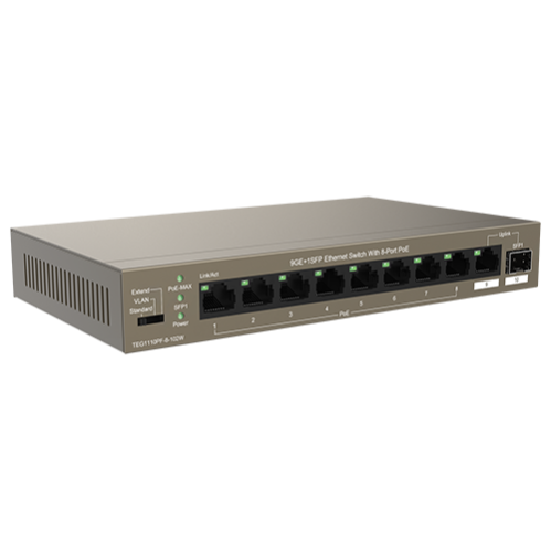 Switch 8 porturi Gigabit PoE, 1 port Uplink Gigabit, 1 port SFP Uplink Gigabit - Tenda TND-TEG1110PF-8-102W Switch 8 porturi Gigabit PoE, 1 port Uplink Gigabit, 1 port SFP Uplink Gigabit - Tenda TND-TEG1110PF-8-102W