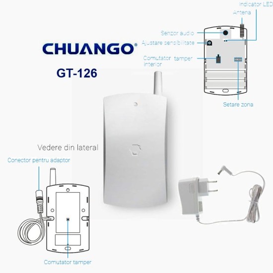GT-126/ Detector de geam spart wireless compatibil cu sistemele de alarmă CHUANGO GO2 și CG-G5 GT-126/ Detector de geam spart wireless compatibil cu sistemele de alarmă CHUANGO GO2 și CG-G5