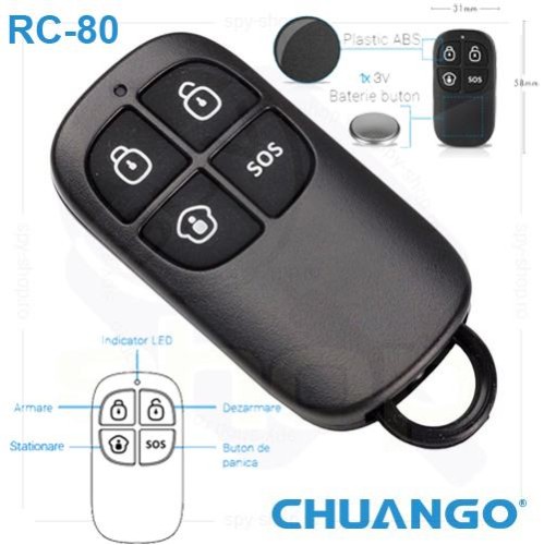 RC-80/ Telecomandă compatibilă cu sistemele de alarmă CHUANGO GO2 și CG-G5 RC-80/ Telecomandă compatibilă cu sistemele de alarmă CHUANGO GO2 și CG-G5