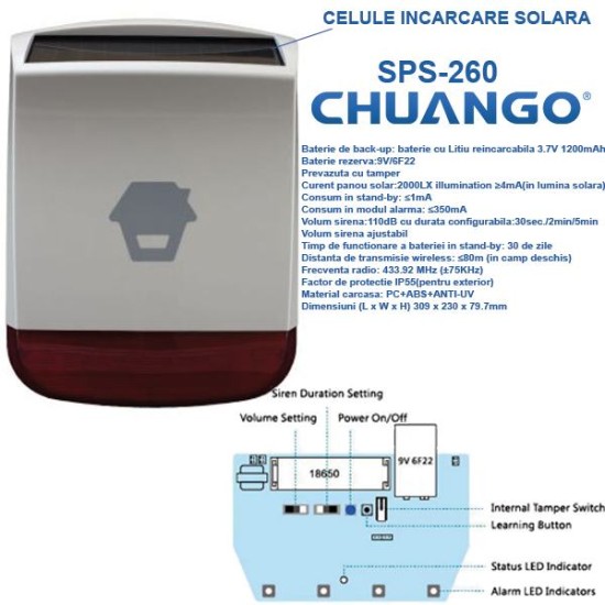 SPS-260/ Sirenă de exterior wireless cu încărcare solară compatibilă cu sistemele de alarmă CHUANGO GO2 și CG-G5