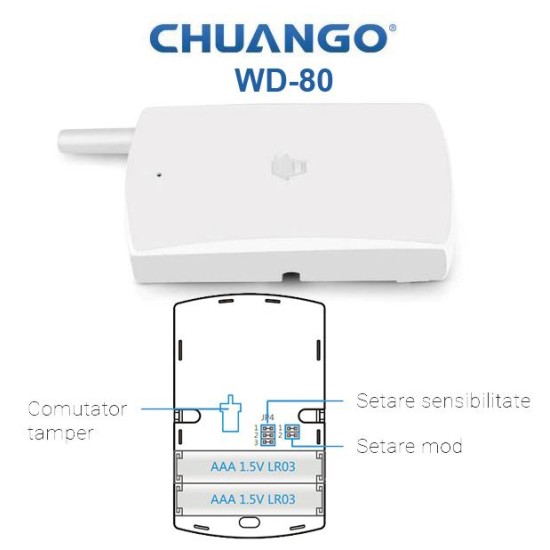 WD-80/ Detector de vibrații wireless compatibil cu sistemele de alarmă CHUANGO GO2 și CG-G5 WD-80/ Detector de vibrații wireless compatibil cu sistemele de alarmă CHUANGO GO2 și CG-G5