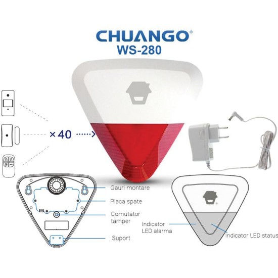 WS-280/ Sirenă de exterior wireless compatibilă cu sisteme de alarmă CHUANGO GO2 și CG-G5 WS-280/ Sirenă de exterior wireless compatibilă cu sisteme de alarmă CHUANGO GO2 și CG-G5